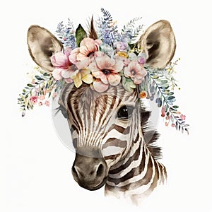 Floral Fantasy: Cute Baby Zebra Watercolor with Flower Crown, Isolated on White background - Generative AI