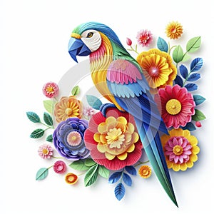 Floral Fantasy: Kirigami Parrot\'s Vivid Hues Pop Against White, Creating a Captivating Visual Feast