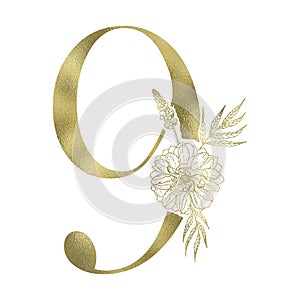 Floral figure. Vintage decorative gold numeral