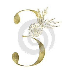 Floral figure. Vintage decorative gold numeral