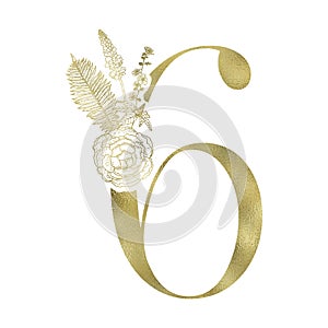 Floral figure. Vintage decorative gold numeral