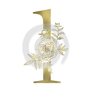 Floral figure. Vintage decorative gold numeral