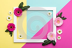 Floral flat lay Happy Mother`s Day, Women`s Day, Valentine`s Day or Birthday background.