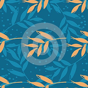 Floral flat style vector seamless pattern. Texture from branches with leaves. Blue and brown leaves on a blue background.