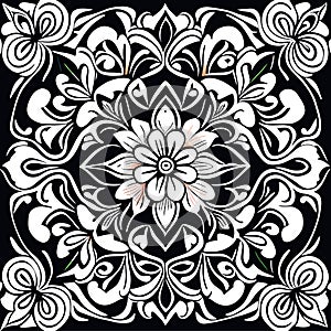 Floral flower pattern seamless black & white outlines design background photo