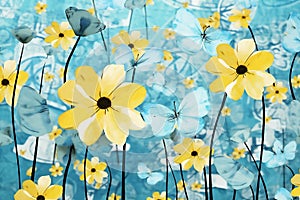 Floral flowers summer blue background plant blossom petal nature wallpaper garden spring yellow daisy