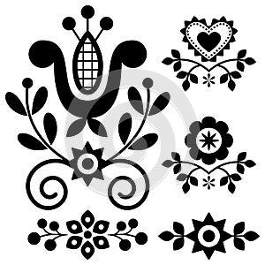 Floral folk art vector design elements inspired by traditional highlanders embroidery Lachy Sadeckie from Nowy Sacz in Poland in b