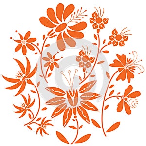 Floral folk pattern in circle containing set of orange- red color flowers photo