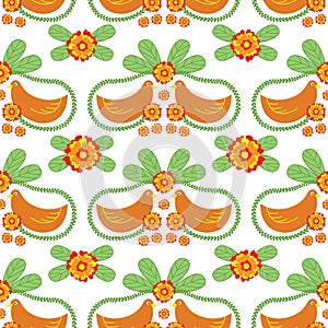Floral Folk Vector Seamless Pattern with Birds