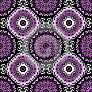 Floral folkloric round mandalas seamless pattern. Vector purple abstract background. Repeat geometric backdrop. Ethnic