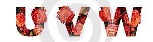 Floral font letter UVW from a real red-orange roses for bright design. Stylish font of flowers for conceptual ideas