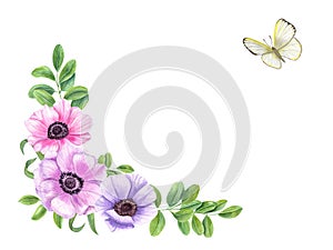 Floral frame with anemone flower, green leaves and butterfly. Clitoria, acacia or tea leaf. White cabbage. Watercolor illustration