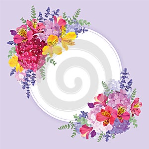 Floral frame with autumn hydrangea flowers, alstroemeria lily, lavender, and leaf on blue in the background.