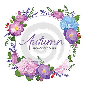 Floral frame with autumn hydrangea flowers, rose and lavender on white background.