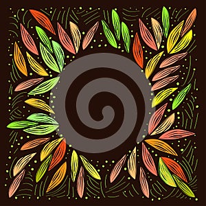Floral frame with autumn leaves and decor on dark background. Vector illustration in scandinavian style. Romantic template