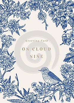 Floral frame with  bird. Blue