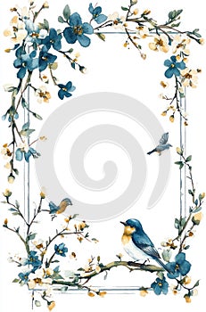 Watercolor Blue Birds and Cherry Blossoms Border - Springtime Natural Beauty