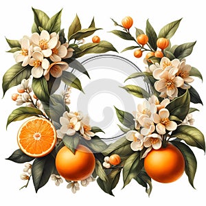 Floral frame with blooming tangerine on wite background.