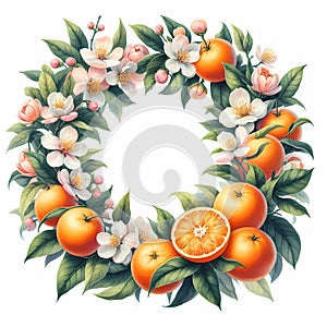 Floral frame with with blooming tangerine on wite background. photo