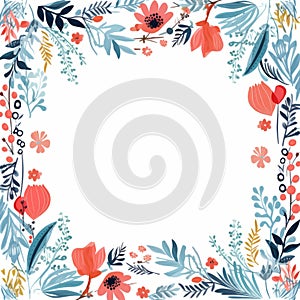 a floral frame with blue red and orange flowers on a white background