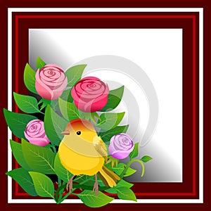 Floral frame with bouquet of roses and a yellow bird. Illustration.