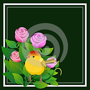 Floral frame with bouquet of roses and a yellow bird. Illustration.