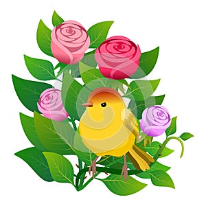 Floral frame with bouquet of roses and a yellow bird. Illustration.