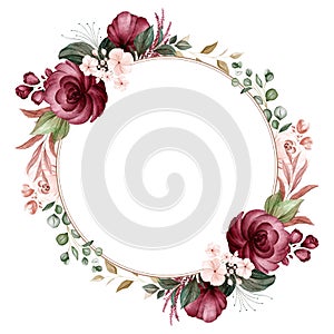 Floral frame of brown and burgundy watercolor roses and wild flowers with various leaves. Botanic illustration for card photo