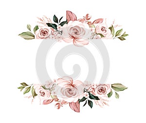 Floral frame of brown watercolor roses and wild flowers with various leaves. Botanic illustration for card composition design