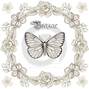 Floral frame and butterfly engraving style