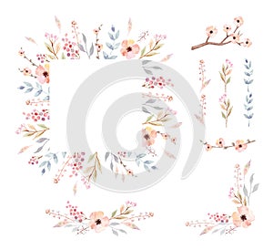Floral Frame Collection. Set of cute retro flowers arranged un a shape of the wreath for invitations and birthday cards