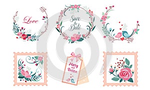 Floral Frame Collection, Wedding Invitation, Save the Date Card, Wreath with Blooming Flowers and Love Birds Vector