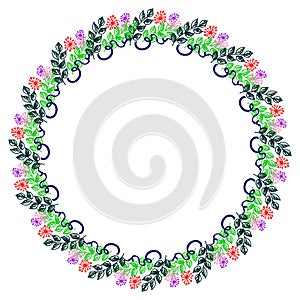 Floral frame. Colorful hand drawn flowers and leaves arranged in a shape of the circle.