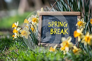 Floral Frame: Daffodils Blooming around 'Spring Break' Message on Chalkboard