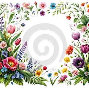 Floral Frame with Diverse Spring Flowers Illustration