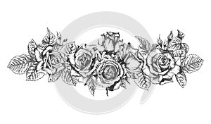 Floral frame. Hand drawn sketch of roses, leaves and branches Detailed vintage botanical illuatration