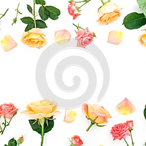 Floral frame made of orange roses flowers and rose petals on white background. Valentines day. Flat lay, top view
