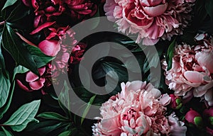 floral frame made of pink and green peonies, and leaves