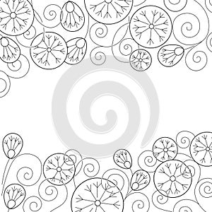Floral frame made of two borders. Stylized dandelion flowers and swirls, black and white line art, vector