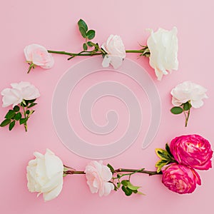 Floral frame made of white and red roses flowers with leaves on pink background. Flat lay, top view