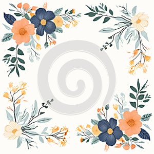 floral frame with orange blue and yellow flowers on a white background