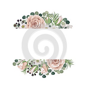 Floral frame, peach Rose, green Eucalyptus tender greenery, berry bouquet