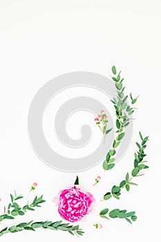 Floral frame with pink peonies and roses flowers and eucalyptus on white background