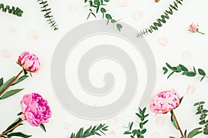 Floral frame of pink peonies, roses petals and eucalyptus branches on white background. Flat lay, top view