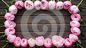 Floral frame of pink peonies on wooden background, styled