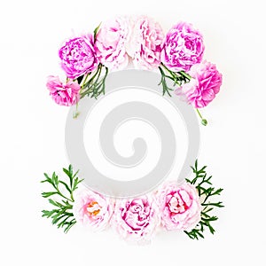 Floral frame of pink roses and peonies flowers on white background. Flat lay, Top view. Copy space composition