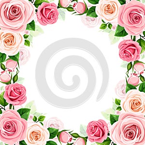 Floral frame with pink and white roses. Vector card design