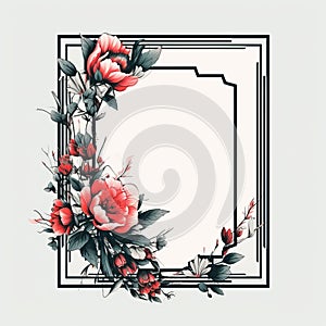 a floral frame with red flowers and leaves on a white background