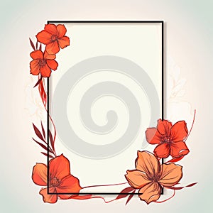 floral frame with red flowers and leaves on a white background
