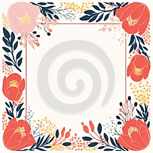 a floral frame with red orange and blue flowers on a white background